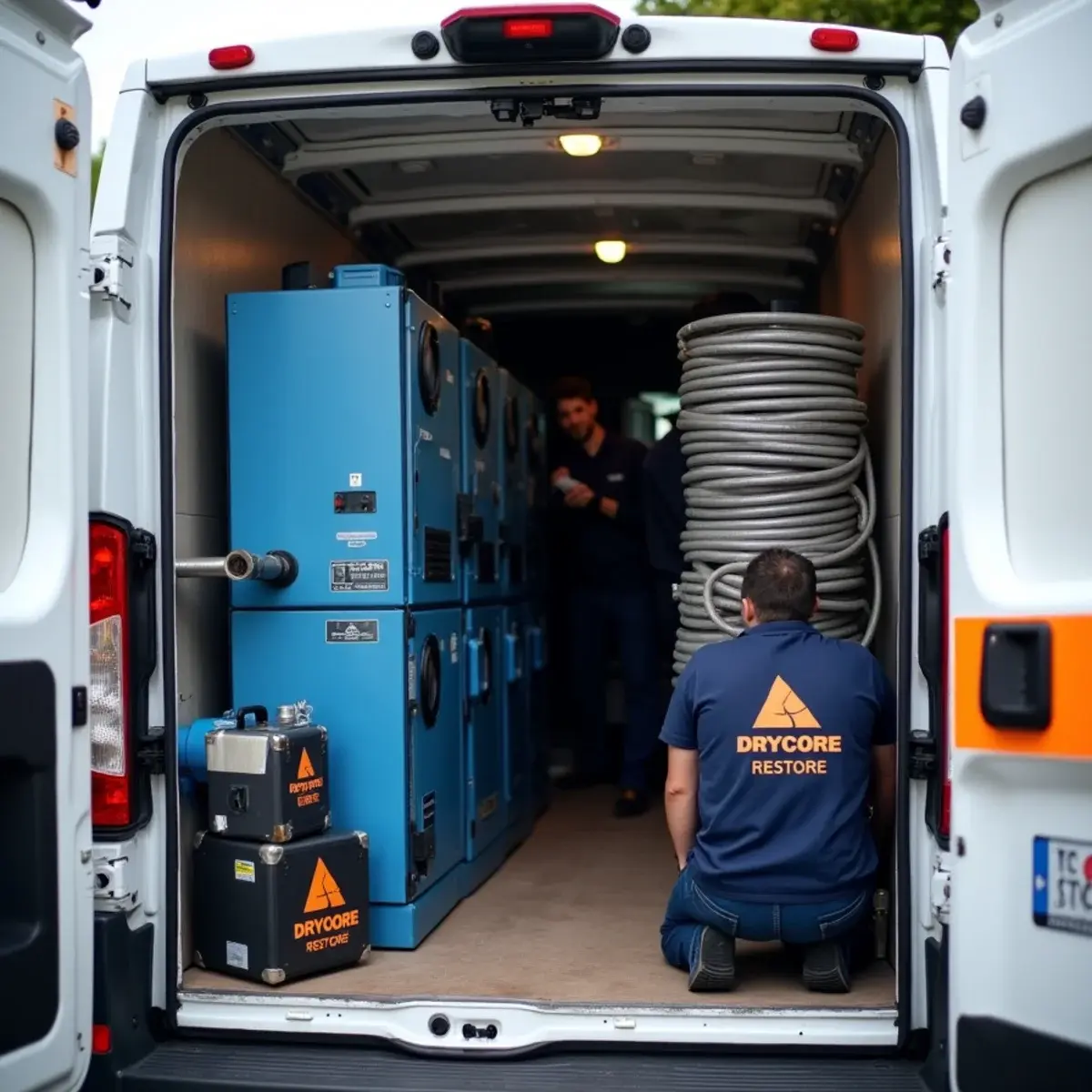 Professional water damage drying equipment loaded in a Drycore Restore service vehicle in Glendale, CA