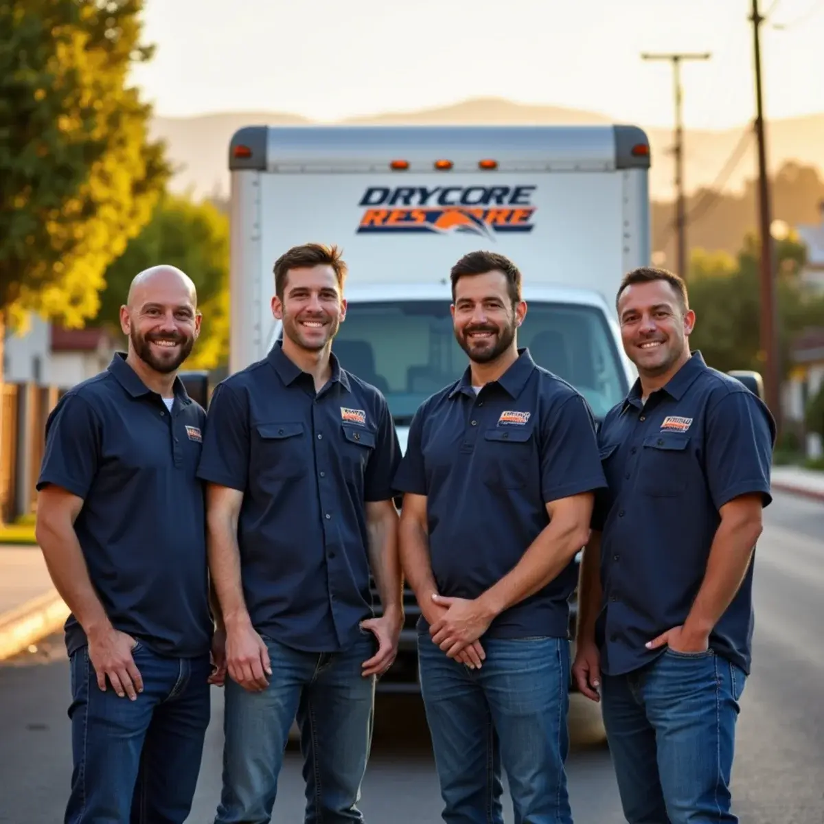 The Drycore Restore restoration team with their service vehicle in Glendale, CA