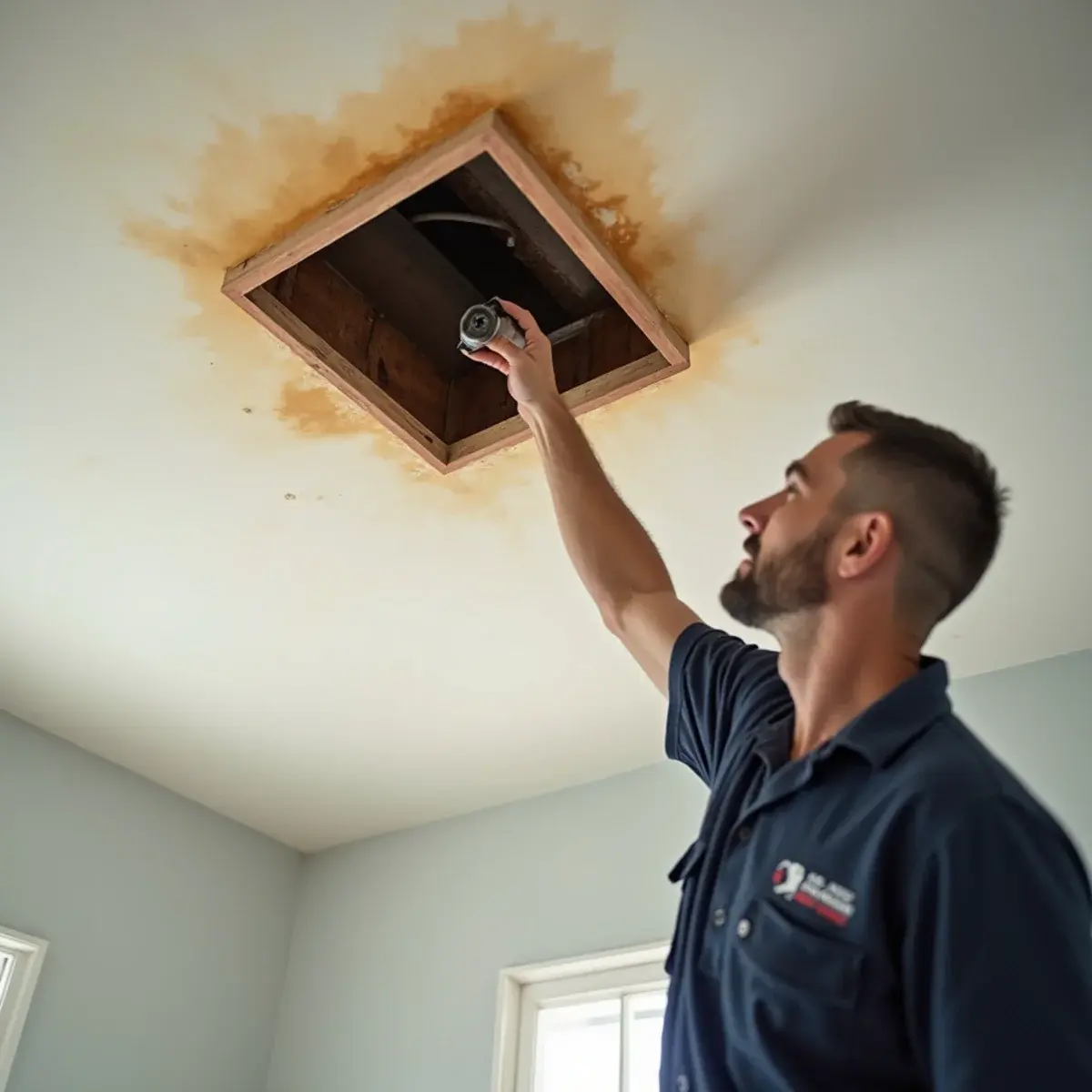 Water stained ceiling below an attic air handler caused by a clogged condensate drain line