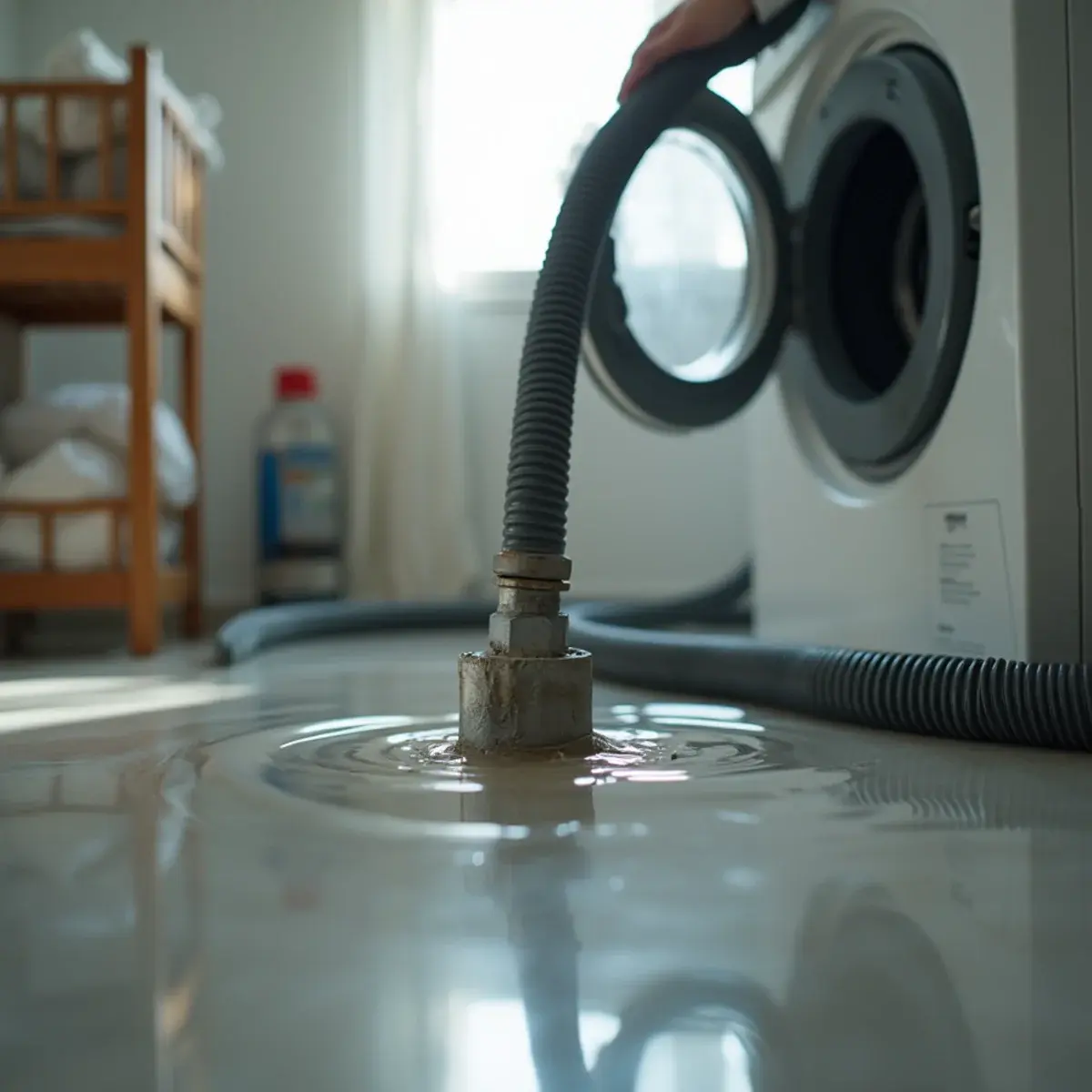 Burst washing machine supply hose that caused water damage in a laundry room