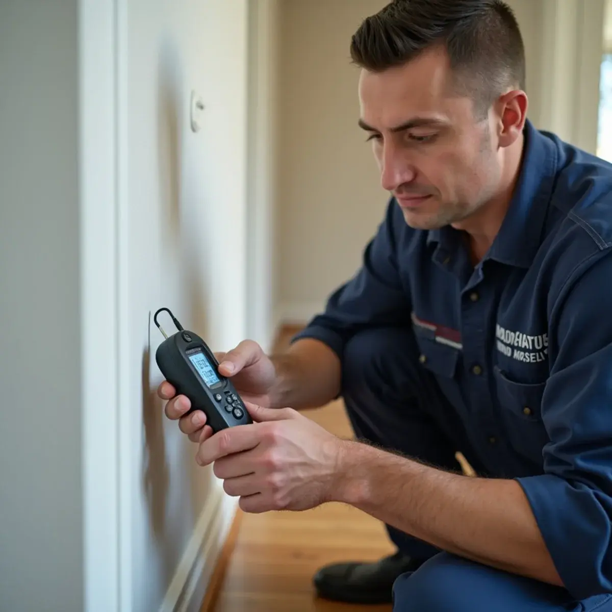 Home inspector checking a wall with a moisture meter during a pre-purchase inspection