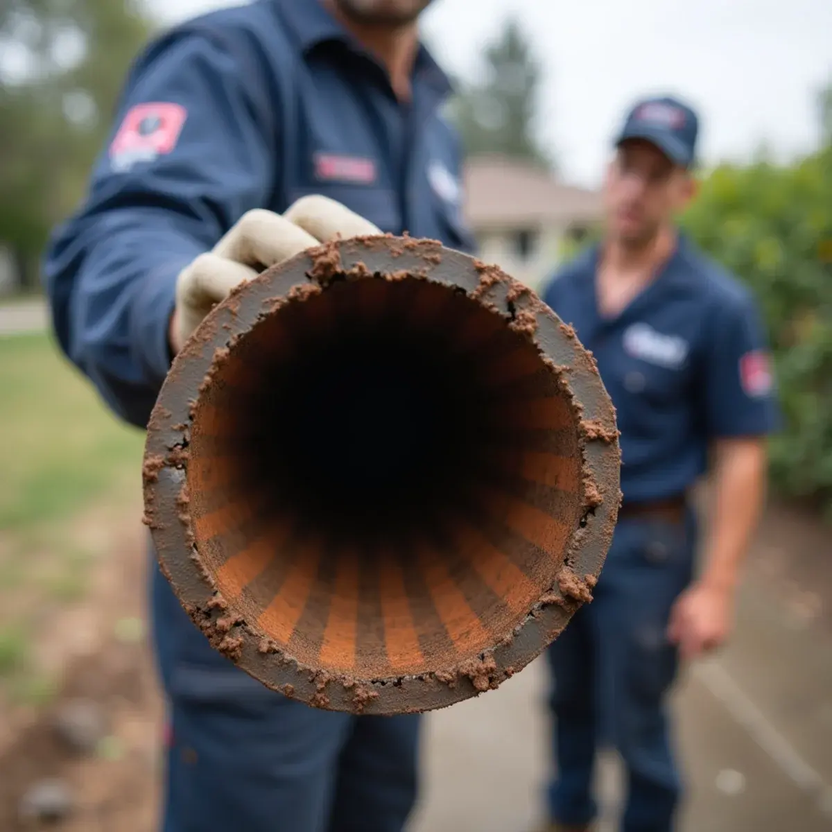 Corroded cast iron drain pipe section cut out of an older Los Angeles building wall