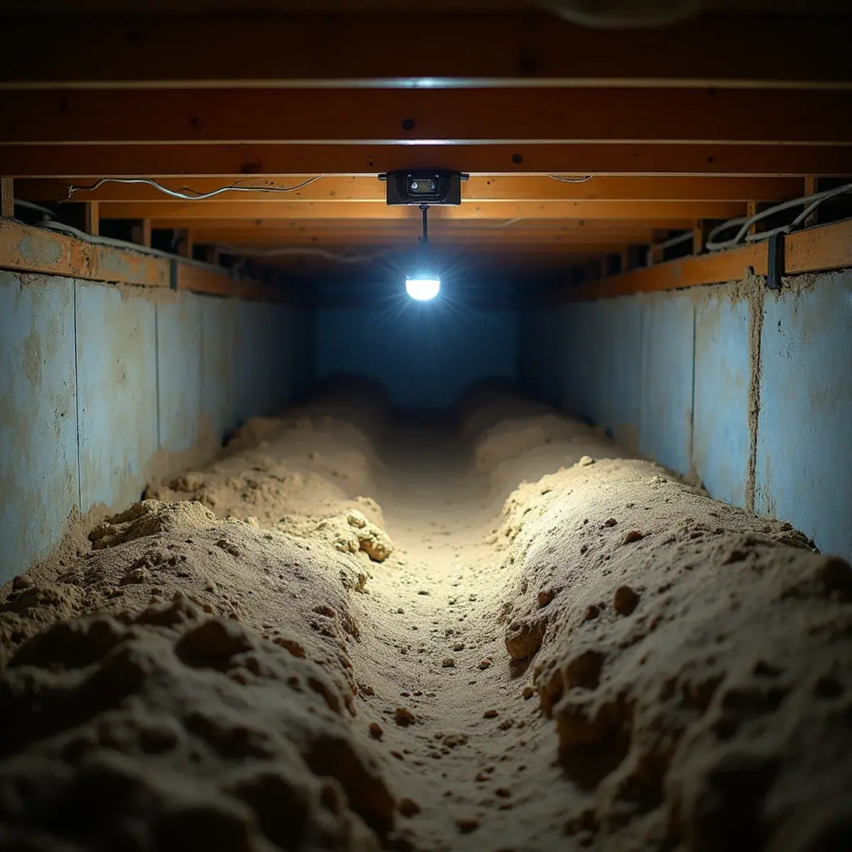 Damp crawl space beneath a raised foundation home in Glendale, CA showing exposed soil