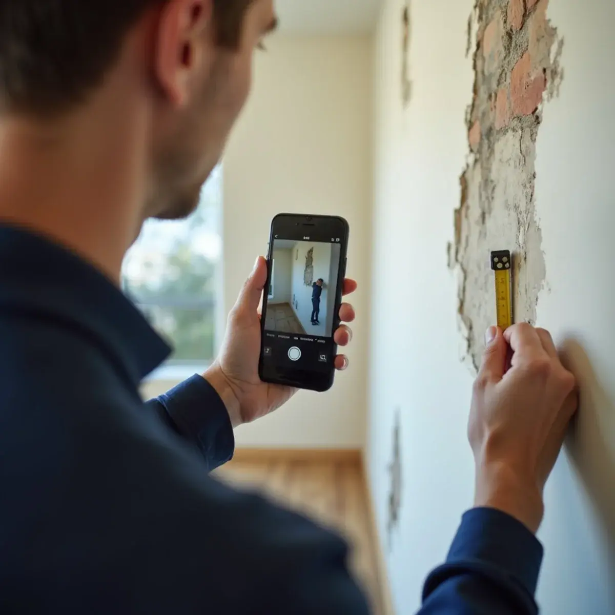 Homeowner photographing water damaged flooring to document an insurance claim