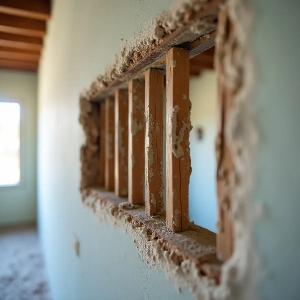 Lath and plaster wall exposed during water damage restoration in a historic Los Angeles home