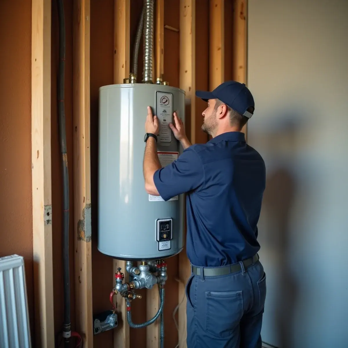 Water heater secured with seismic straps and flexible connectors in a Los Angeles garage