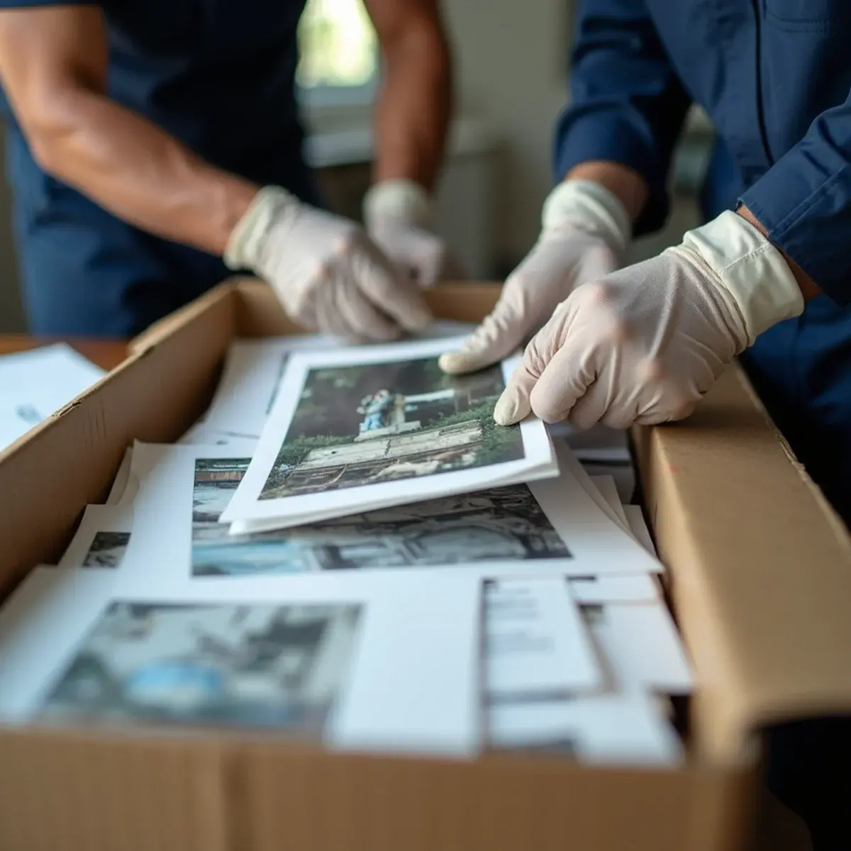 Water damaged photographs and documents being packed for freeze-drying after a flood