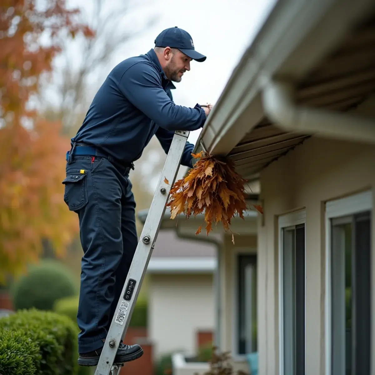 Homeowner clearing a gutter and downspout on a Glendale, CA home before winter rain
