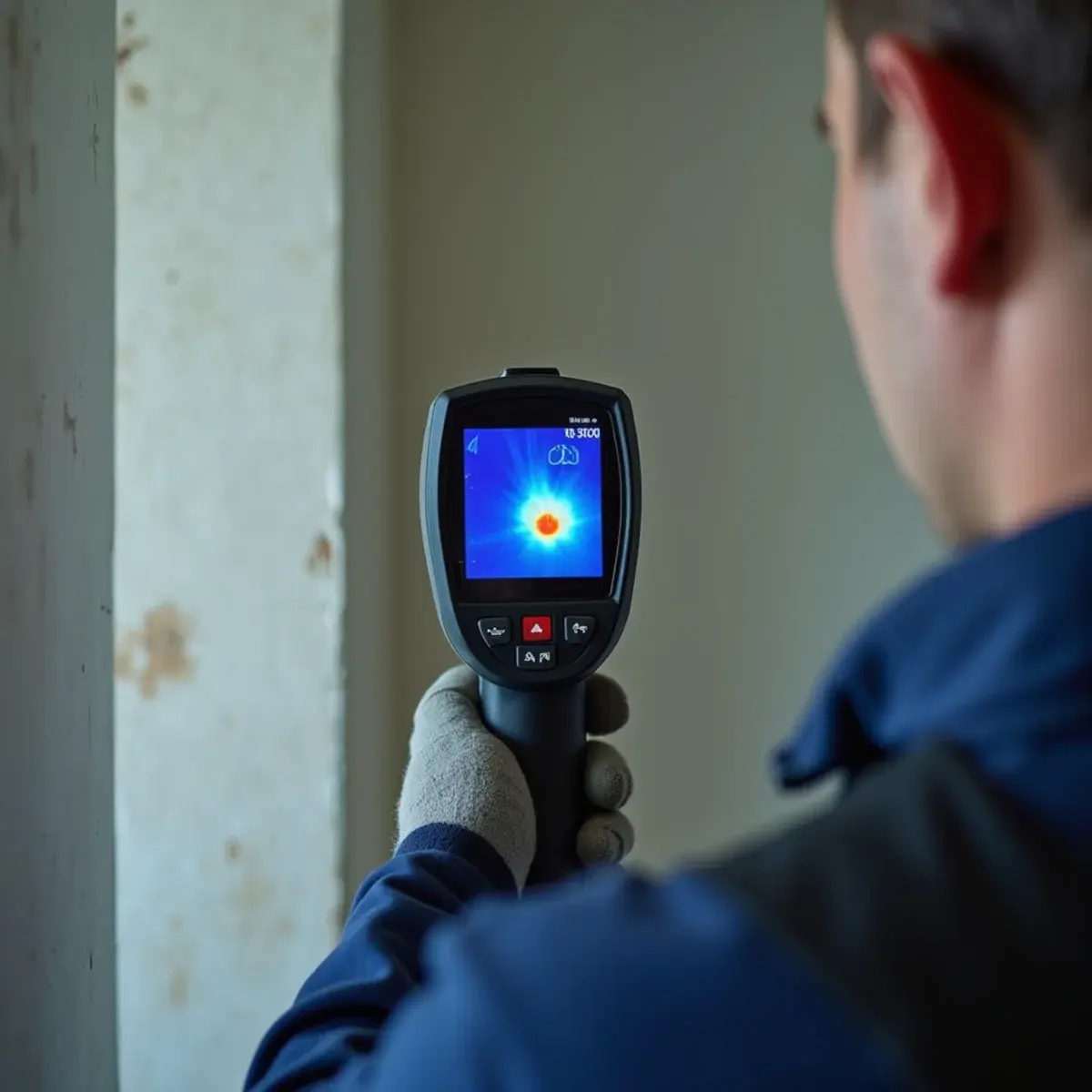 Thermal imaging camera revealing hidden moisture inside a wall during a water damage inspection