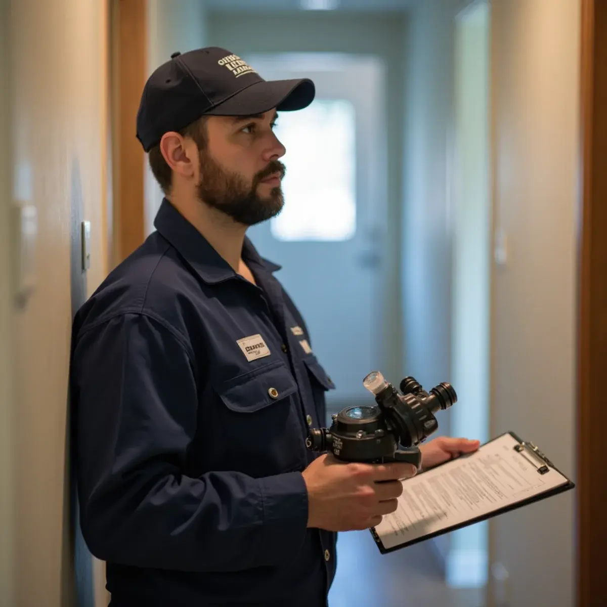 Industrial hygienist taking an air sample for post-remediation verification in a Los Angeles home