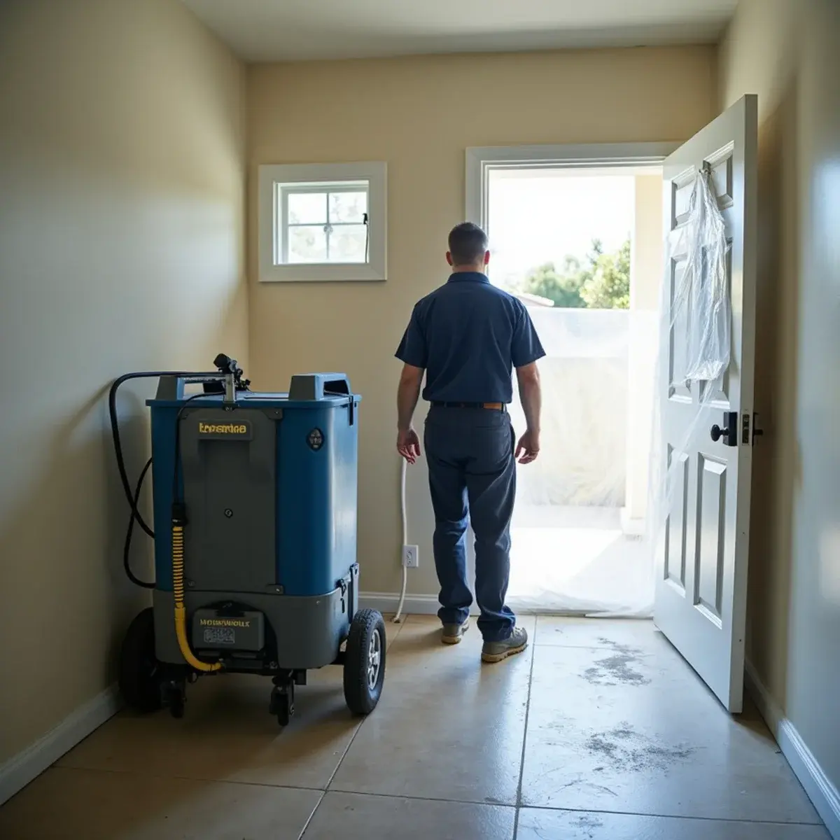 Hydroxyl generator running in a room during odor removal after water damage