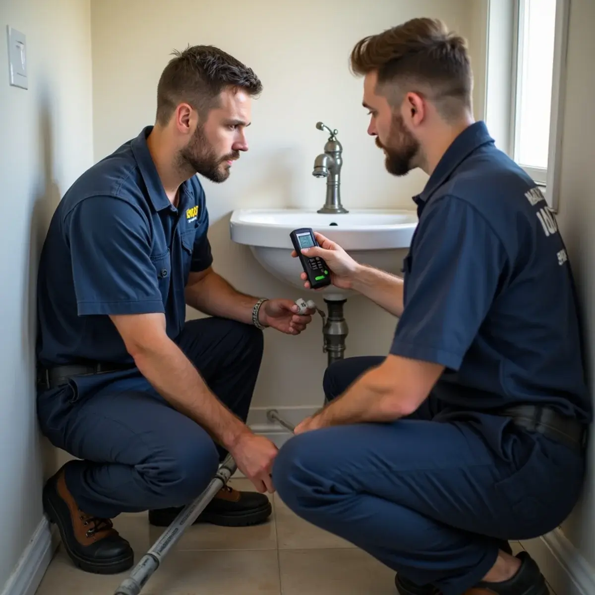 Plumber repairing a supply line while a restoration technician takes moisture readings nearby