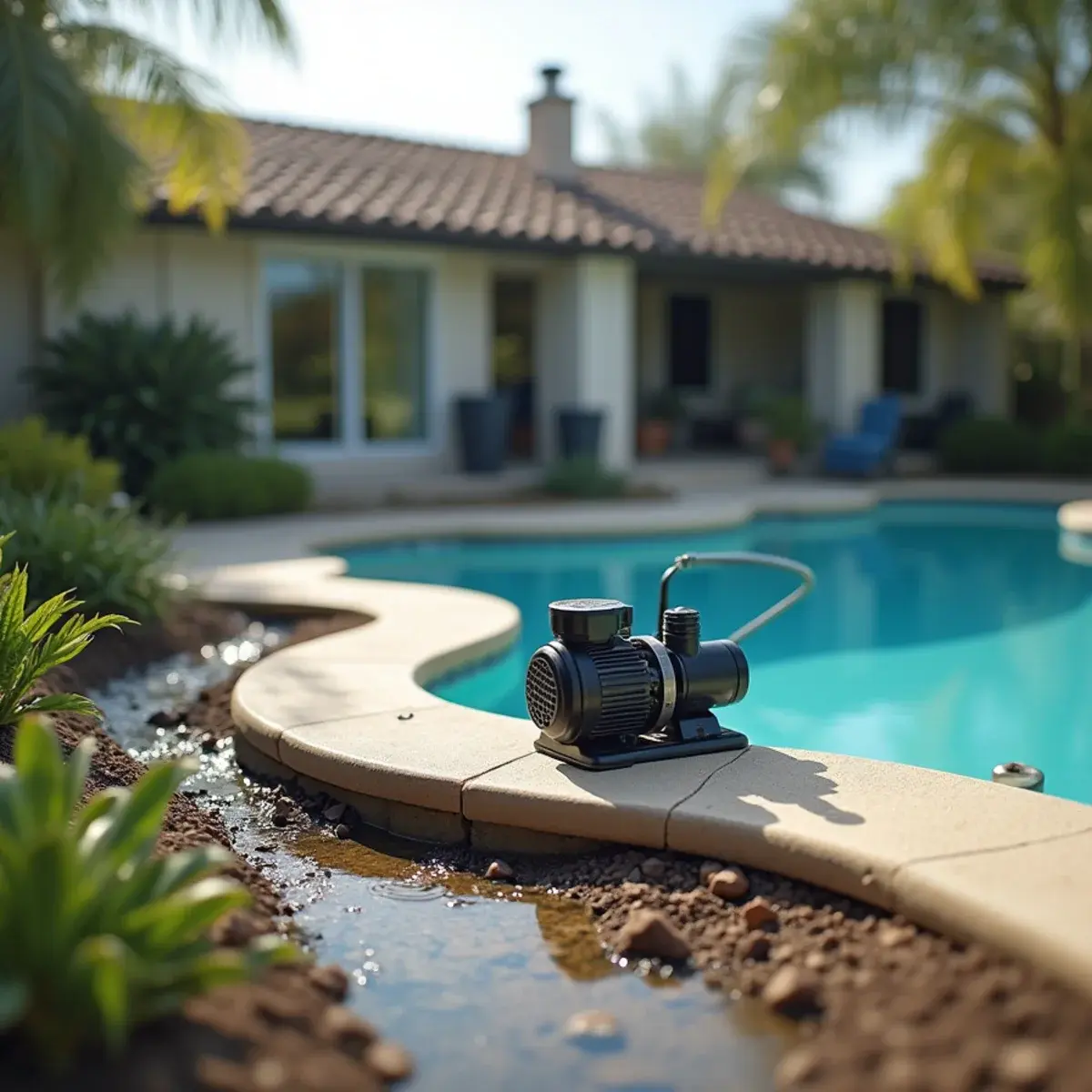 Swimming pool equipment pad with underground plumbing beside a Southern California home