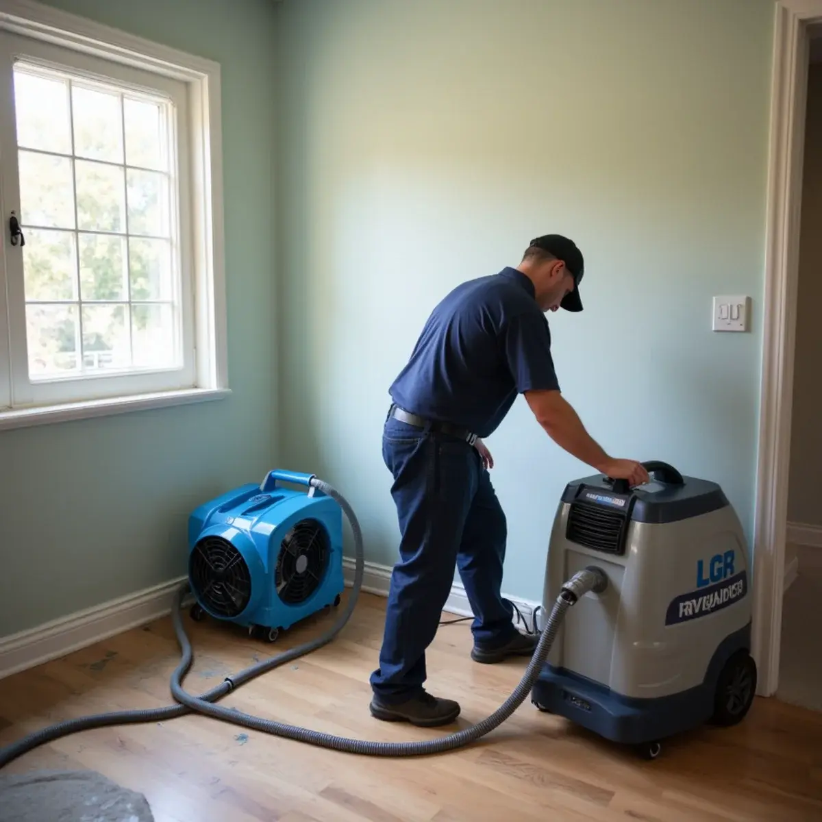 Air movers, a dehumidifier and an air scrubber set up in a room during water damage drying
