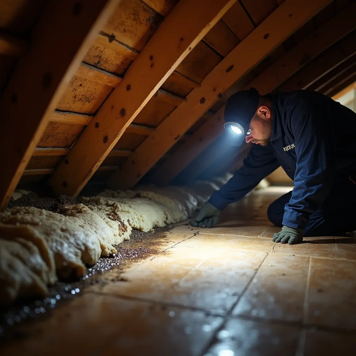 Water stained ceiling and attic decking showing early signs of a roof leak in a Glendale home