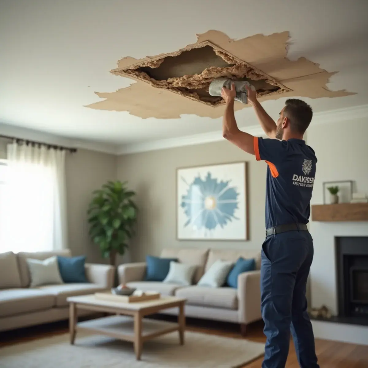 Bulging water filled ceiling drywall in a home before controlled relief by a restoration technician
