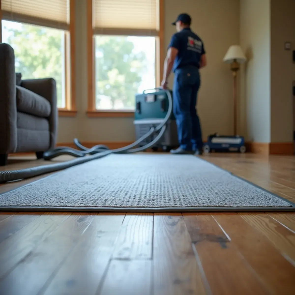 Floor mat drying system installed on a cupped hardwood floor after water damage