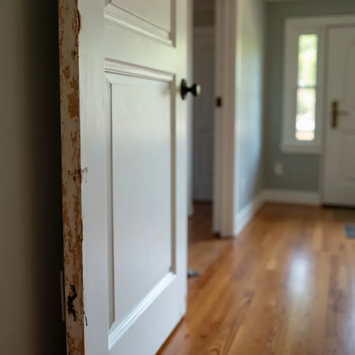 Warped door and swollen trim caused by elevated humidity after a water loss in a home