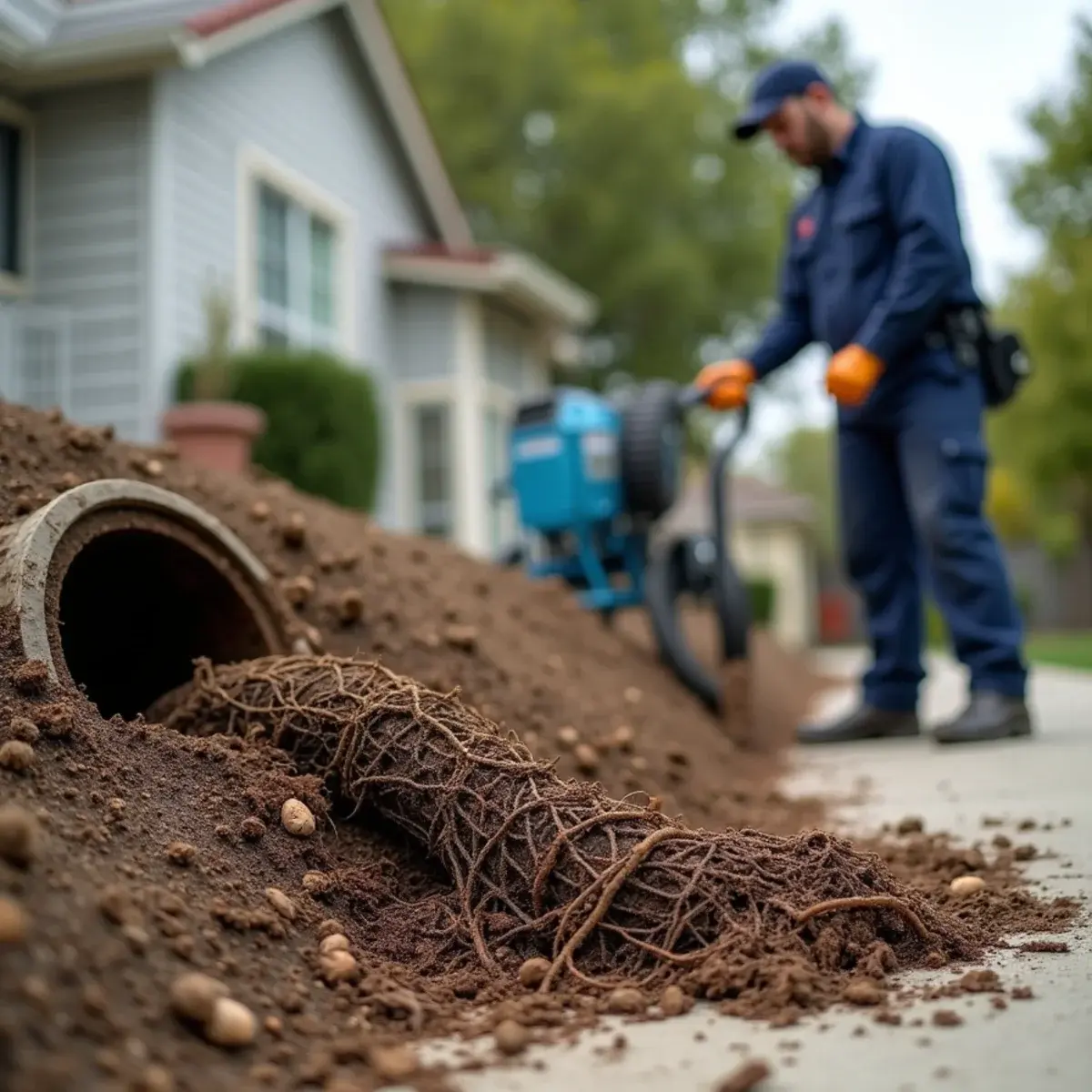 Tree roots pulled from a clay sewer lateral during a drain cleaning in Los Angeles