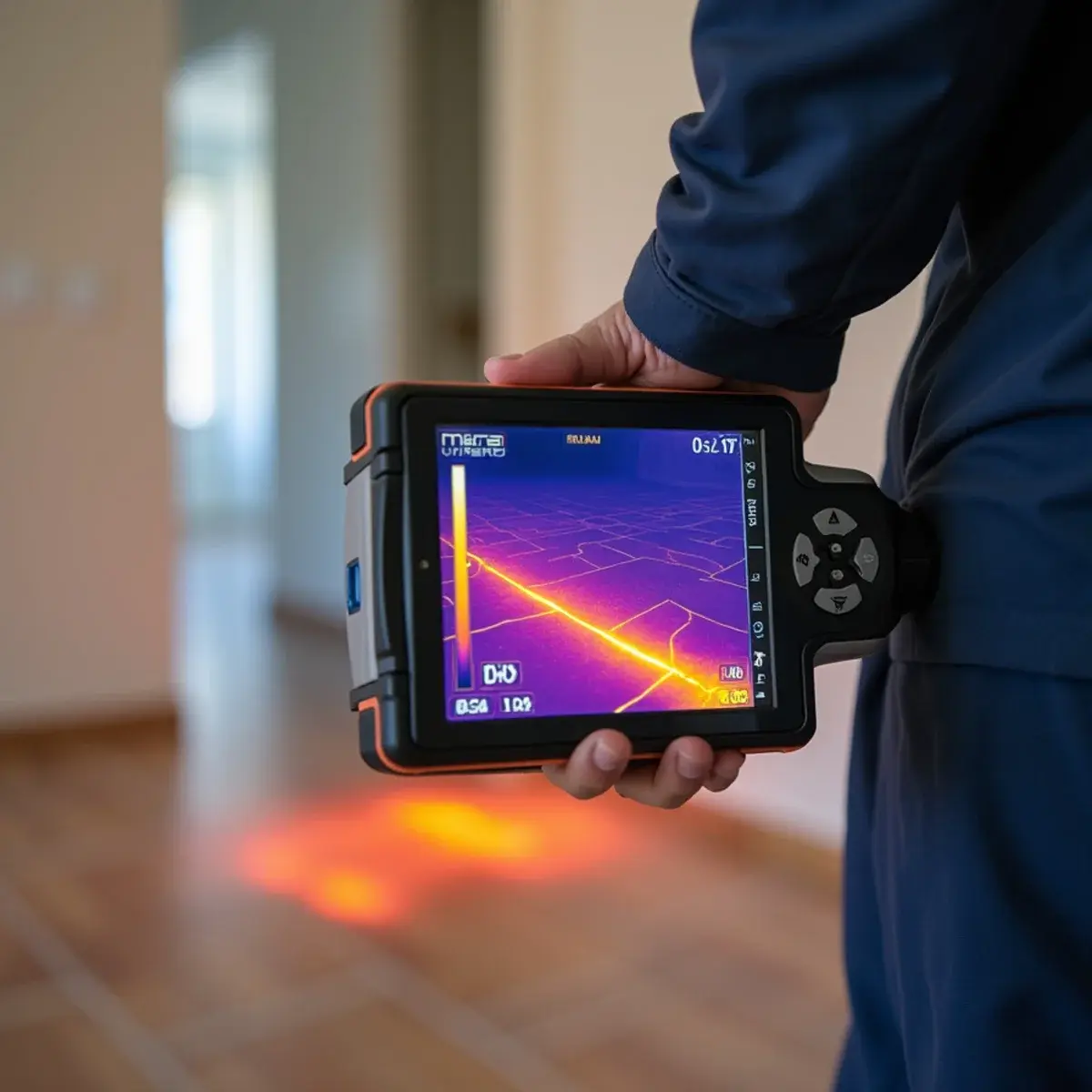 Thermal camera image showing a hot water slab leak beneath the floor of a mid-century home