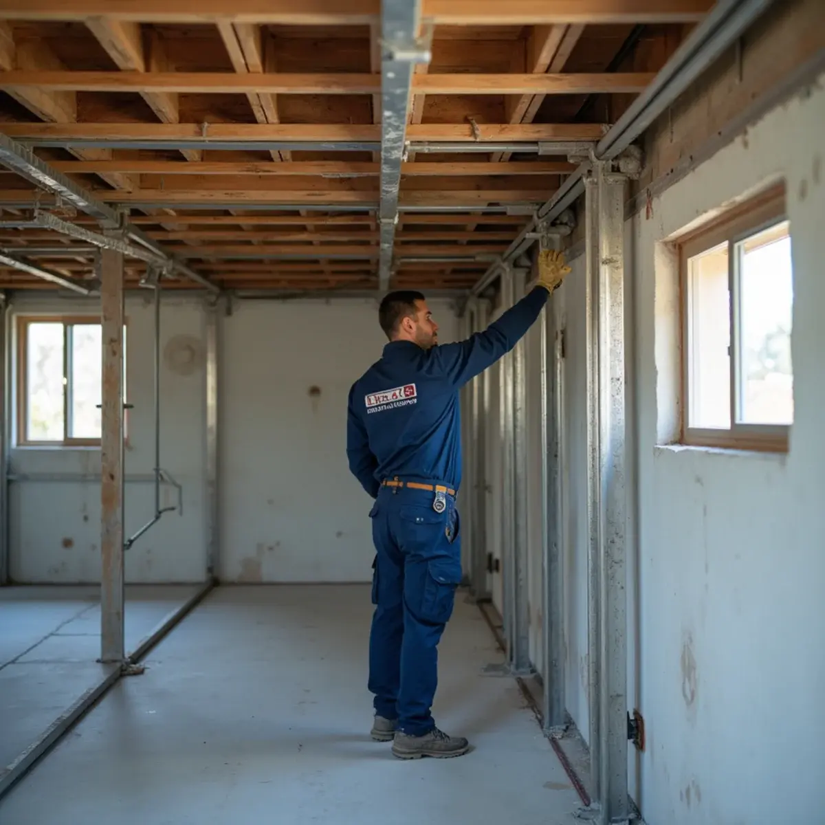 Seismic retrofit steel framing installed at tuck-under parking in a Los Angeles apartment building