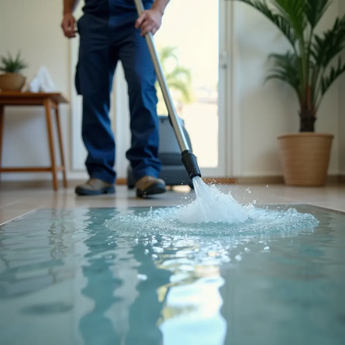 Clear clean water from a burst supply line spreading across a tiled floor before extraction