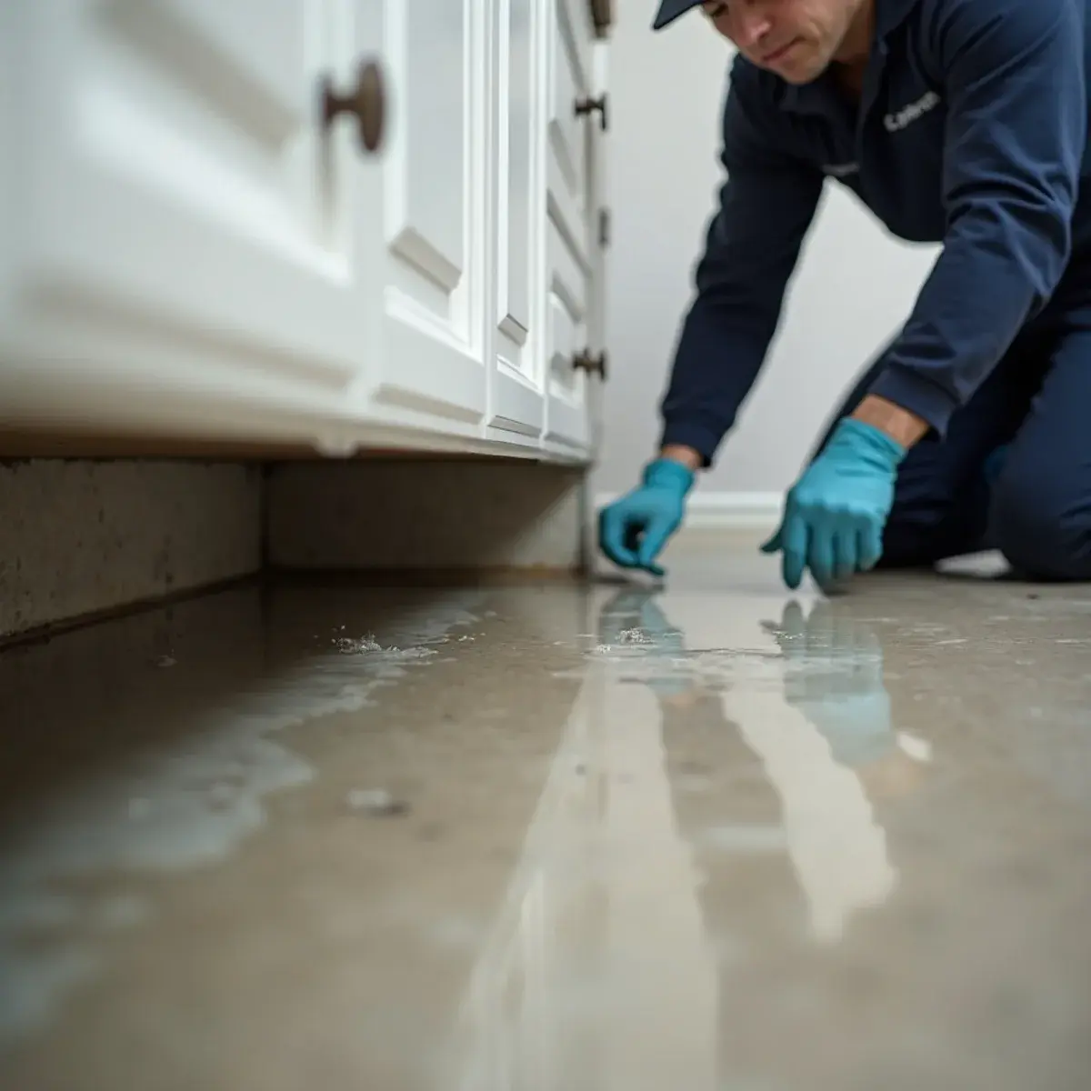 Cloudy grey water pooling under a kitchen cabinet run from a failed dishwasher discharge