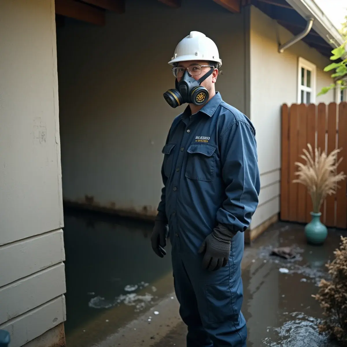 Technician in full PPE at the edge of a contaminated black-water flood in a utility room