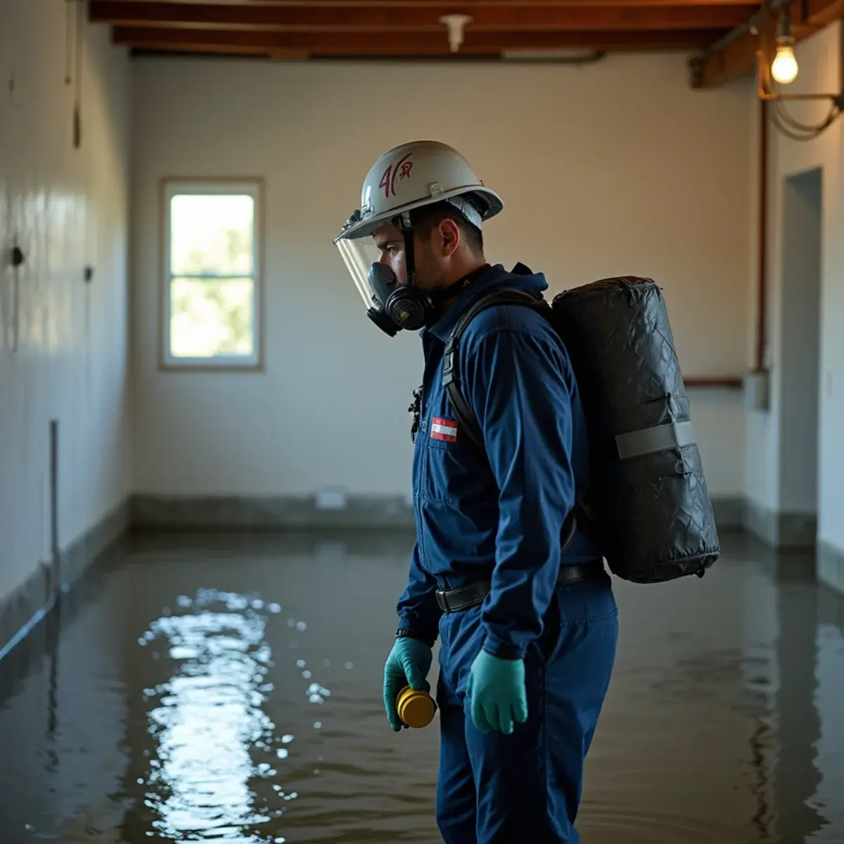 Restoration technician in protective equipment assessing category 3 contaminated water damage