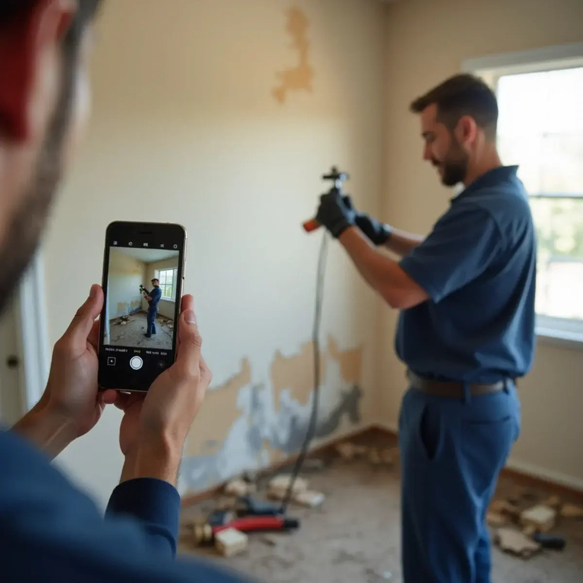 Tenant photographing water damage in a rental apartment in Los Angeles for a claim
