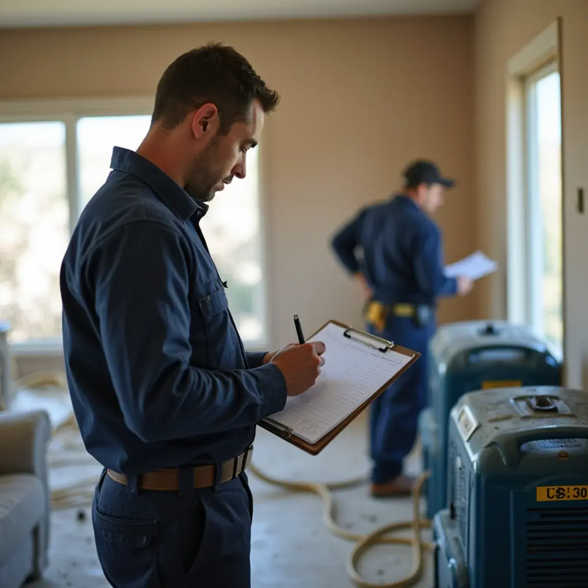 Restoration technician logging daily moisture readings during a water damage drying job