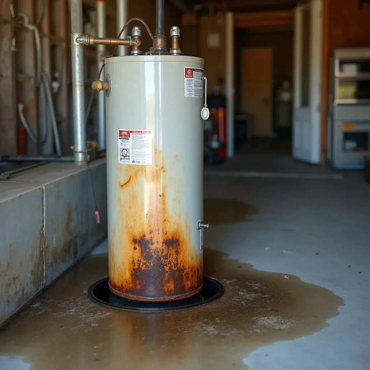 Corroded water heater tank leaking into a drain pan in a Southern California garage