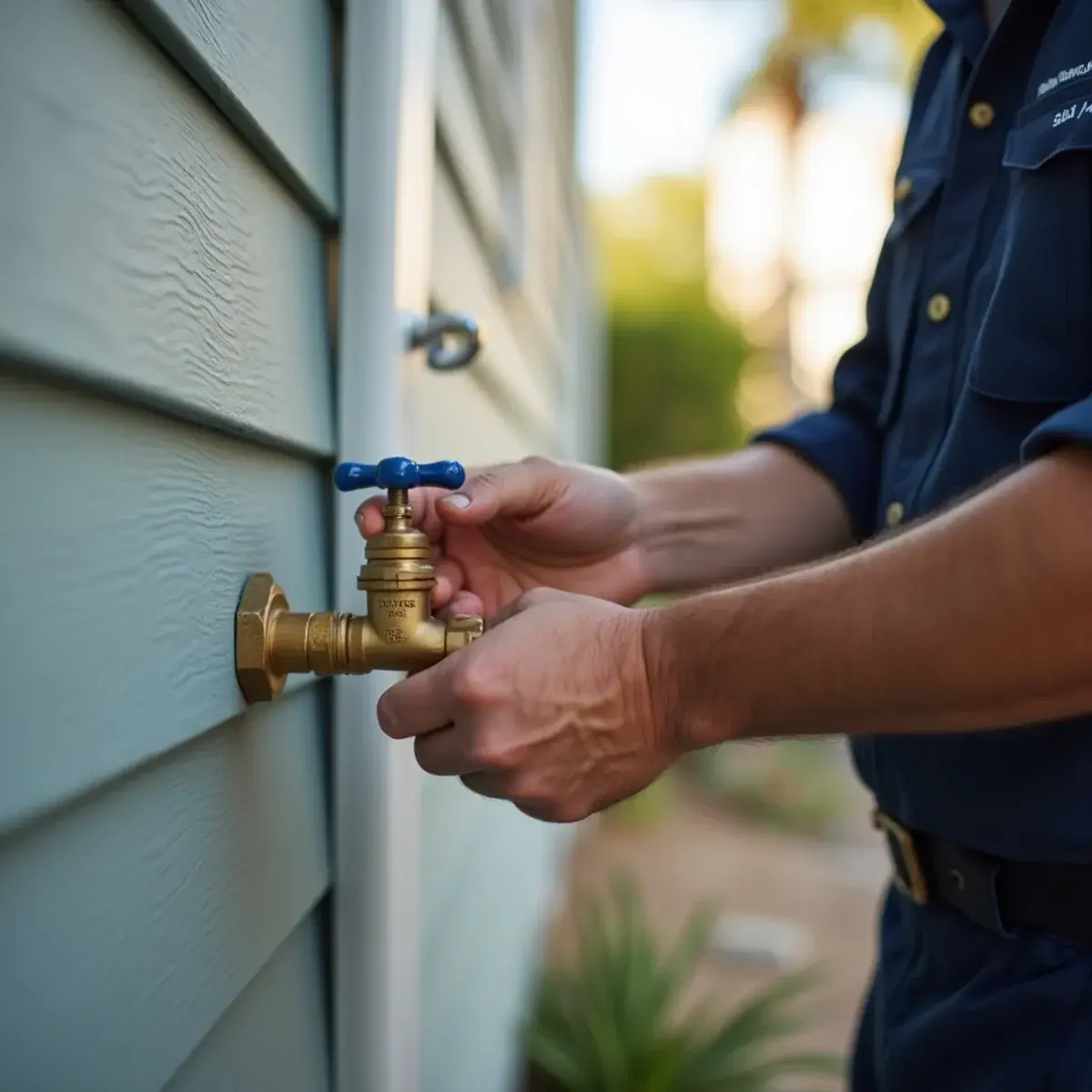 Homeowner turning a main water shut-off valve at the side of a Southern California house