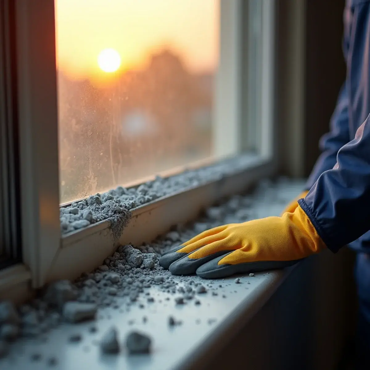 Fine ash residue on a windowsill in a Glendale, CA home after a nearby wildfire