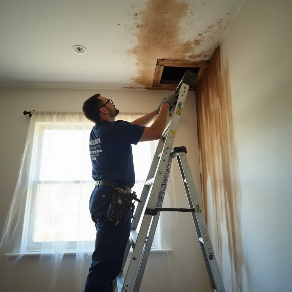 Technician on a ladder relieving a water-filled ceiling bulge into catchment with the furniture sheeted below