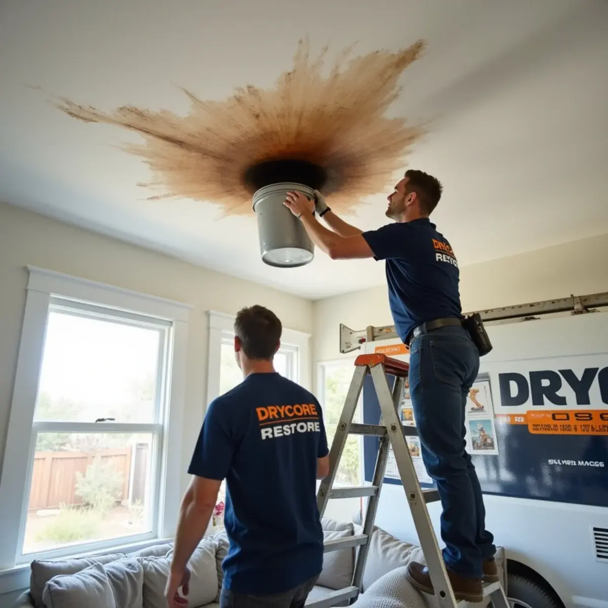 Water stained and sagging ceiling drywall being repaired in a Glendale, CA home after a roof leak