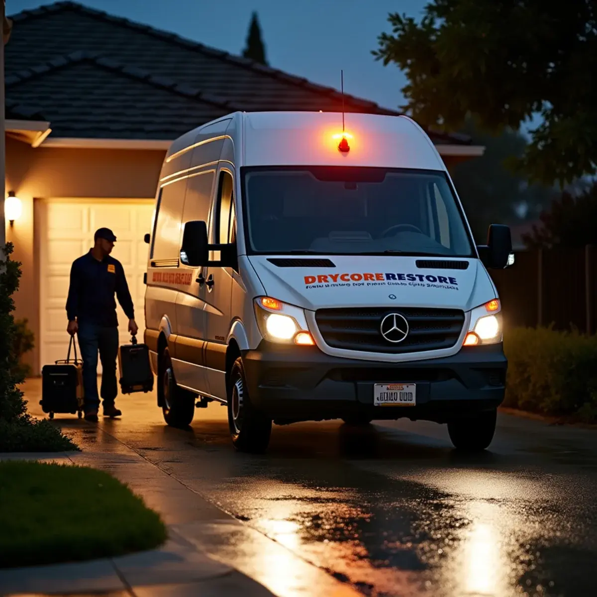 Drycore Restore service vehicle responding to a water damage call in Glendale, CA at night