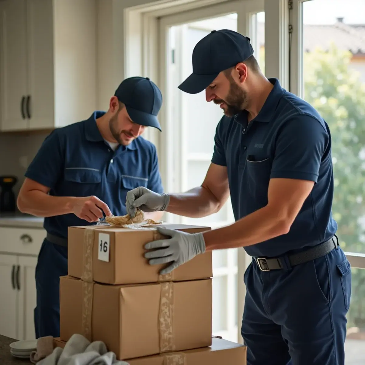 Two technicians wrapping and boxing household belongings, one photographing an item for the inventory record