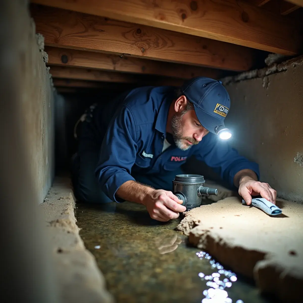 Technician in a low crawl space positioning a submersible pump in standing water beside exposed floor joists