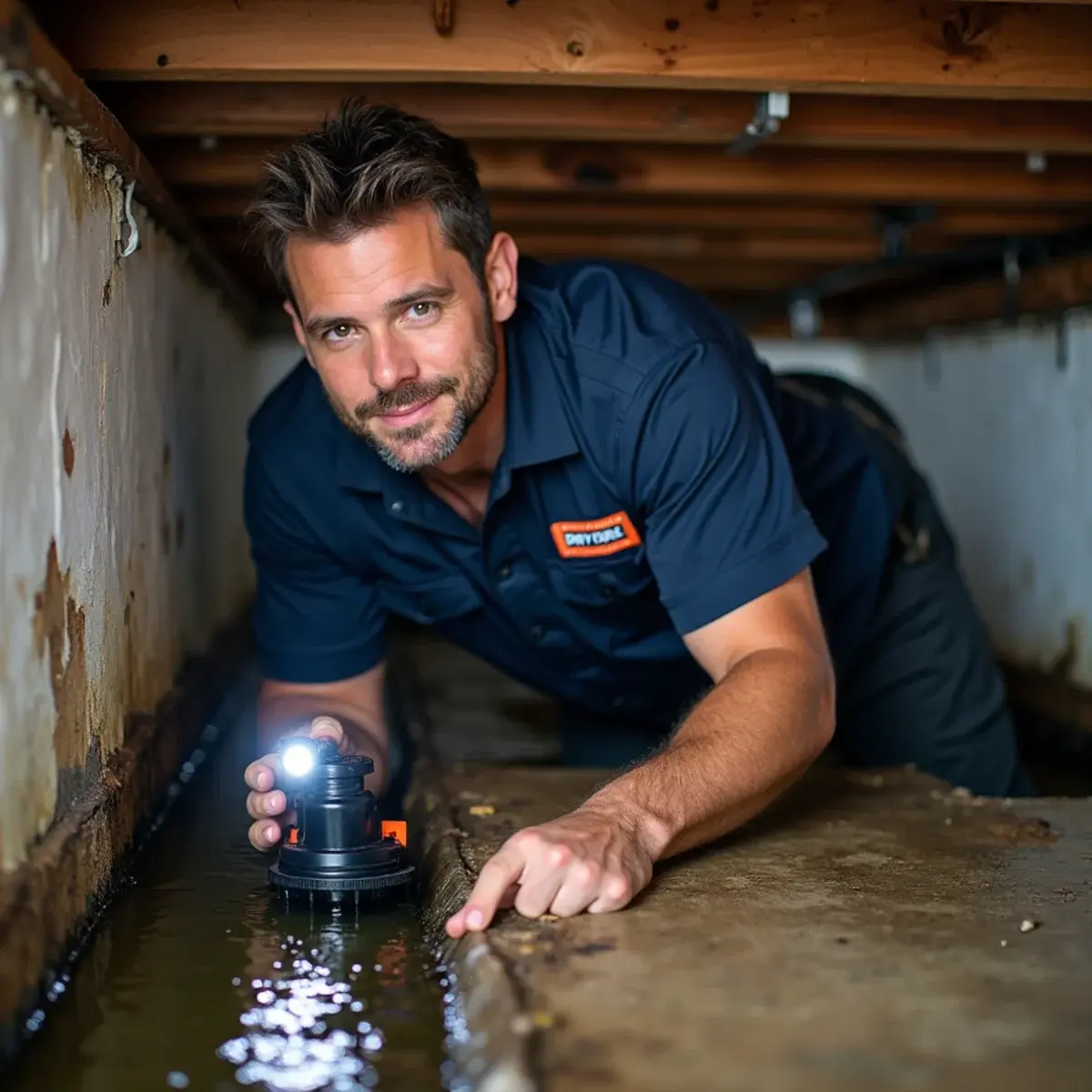 Technician pumping standing water out of a wet crawl space beneath a Glendale, CA hillside home