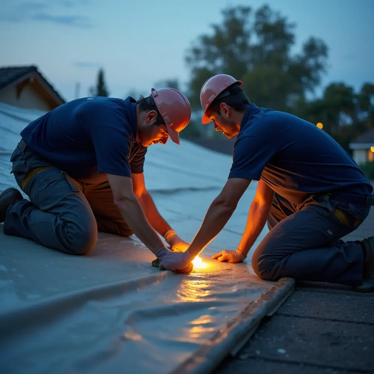 Two technicians fastening a reinforced tarp over a storm-damaged roof at dusk under work lights