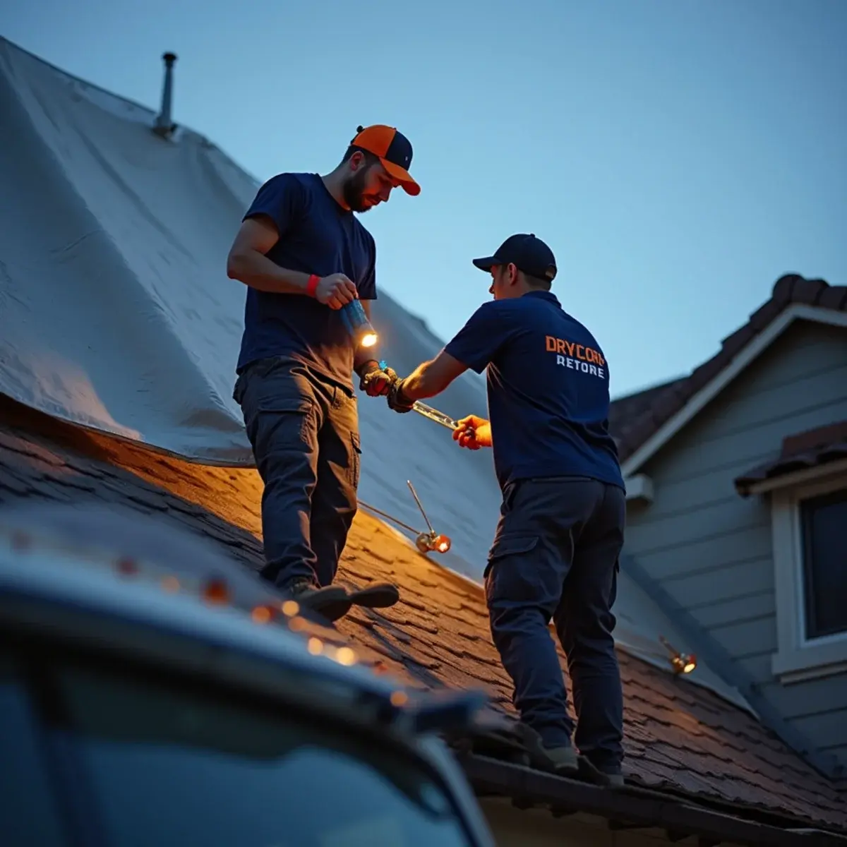 Emergency roof tarping being installed on a storm damaged home in Glendale, CA at night