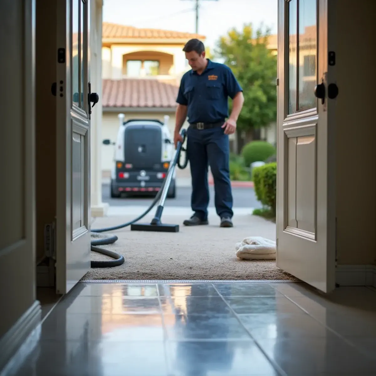 Technician driving an extraction wand across saturated carpet with the hose running to a truck-mounted unit outside