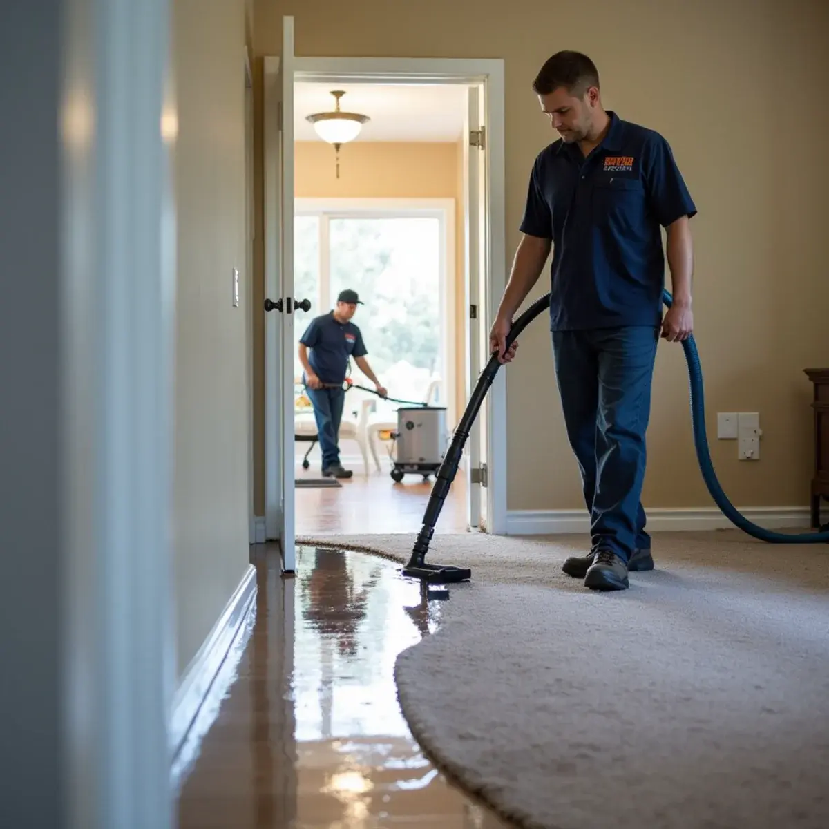 Emergency water extraction crew removing standing water from a flooded Glendale, CA home with a truck-mounted unit