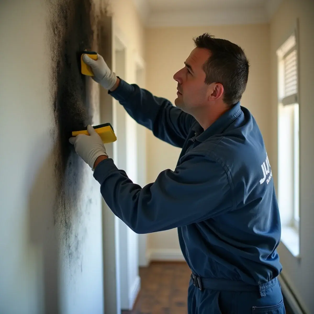 Technician lifting soot from a smoke-blackened wall with a dry chemical sponge, leaving a clean stripe behind the stroke