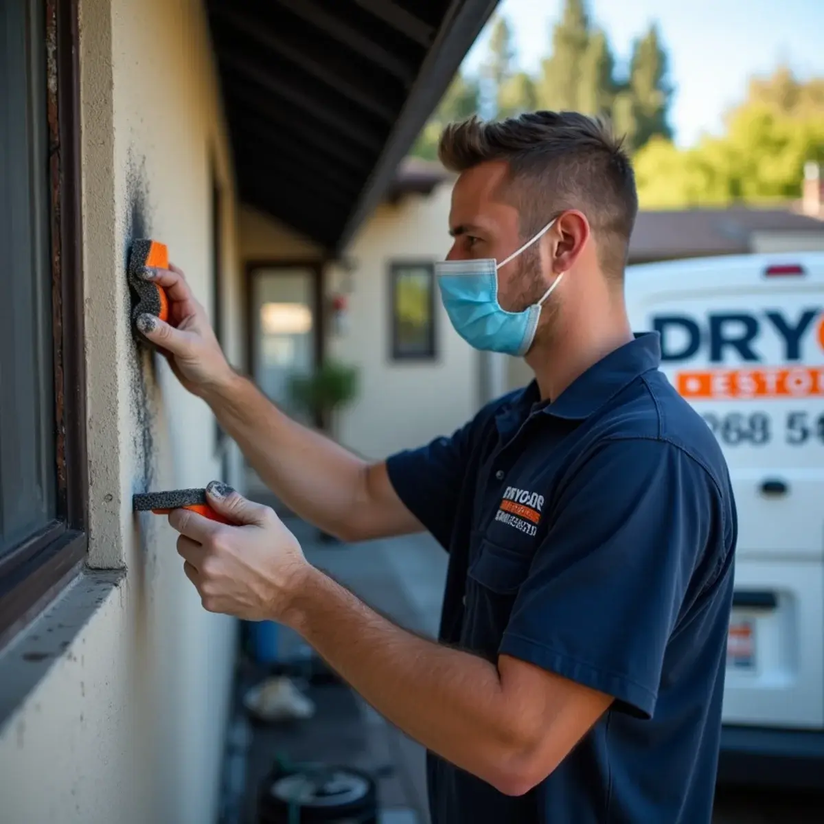 Fire and smoke damage restoration technician cleaning soot from a wall in a Glendale, CA home