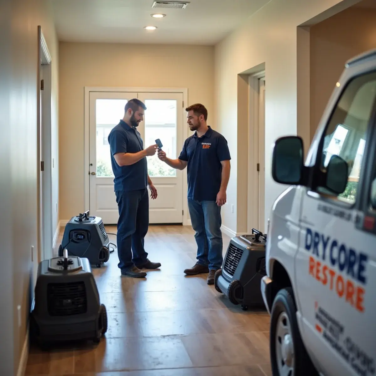 Drycore Restore technician setting up drying equipment after water damage in a Glendale, CA home