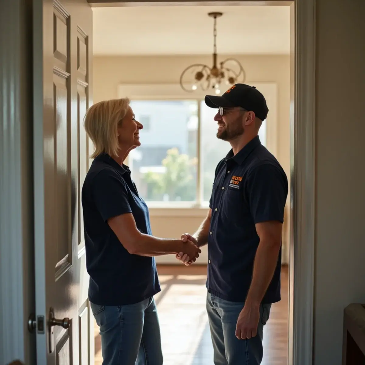 Homeowner shaking hands with a Drycore Restore technician after a water damage restoration in Glendale, CA