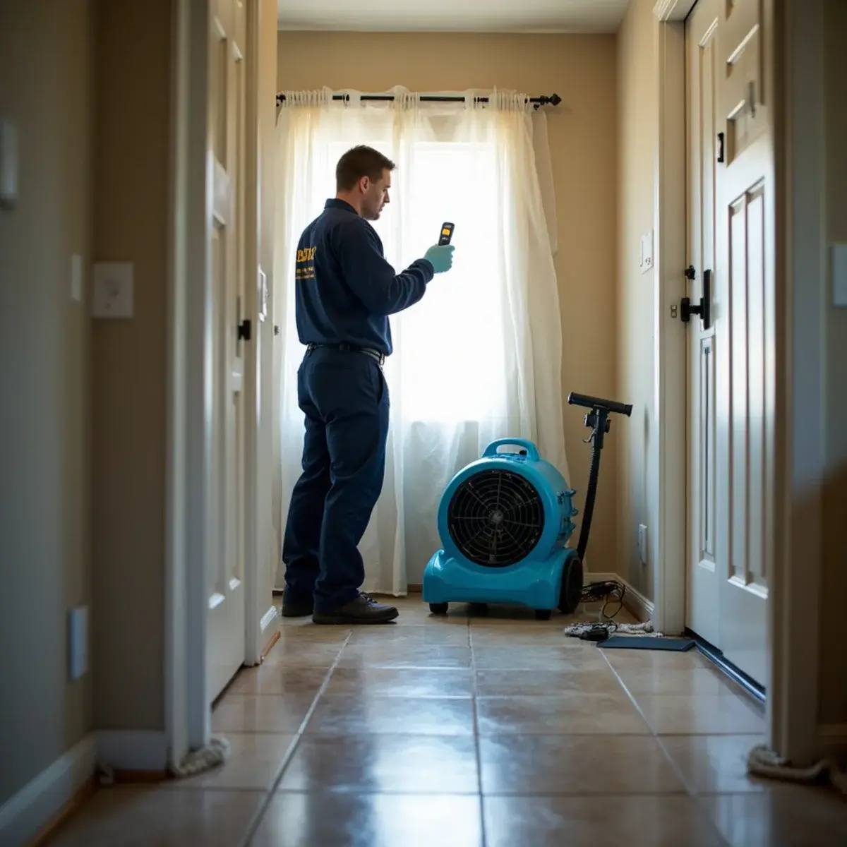 Water damage restoration crew working inside a home in Azusa, CA