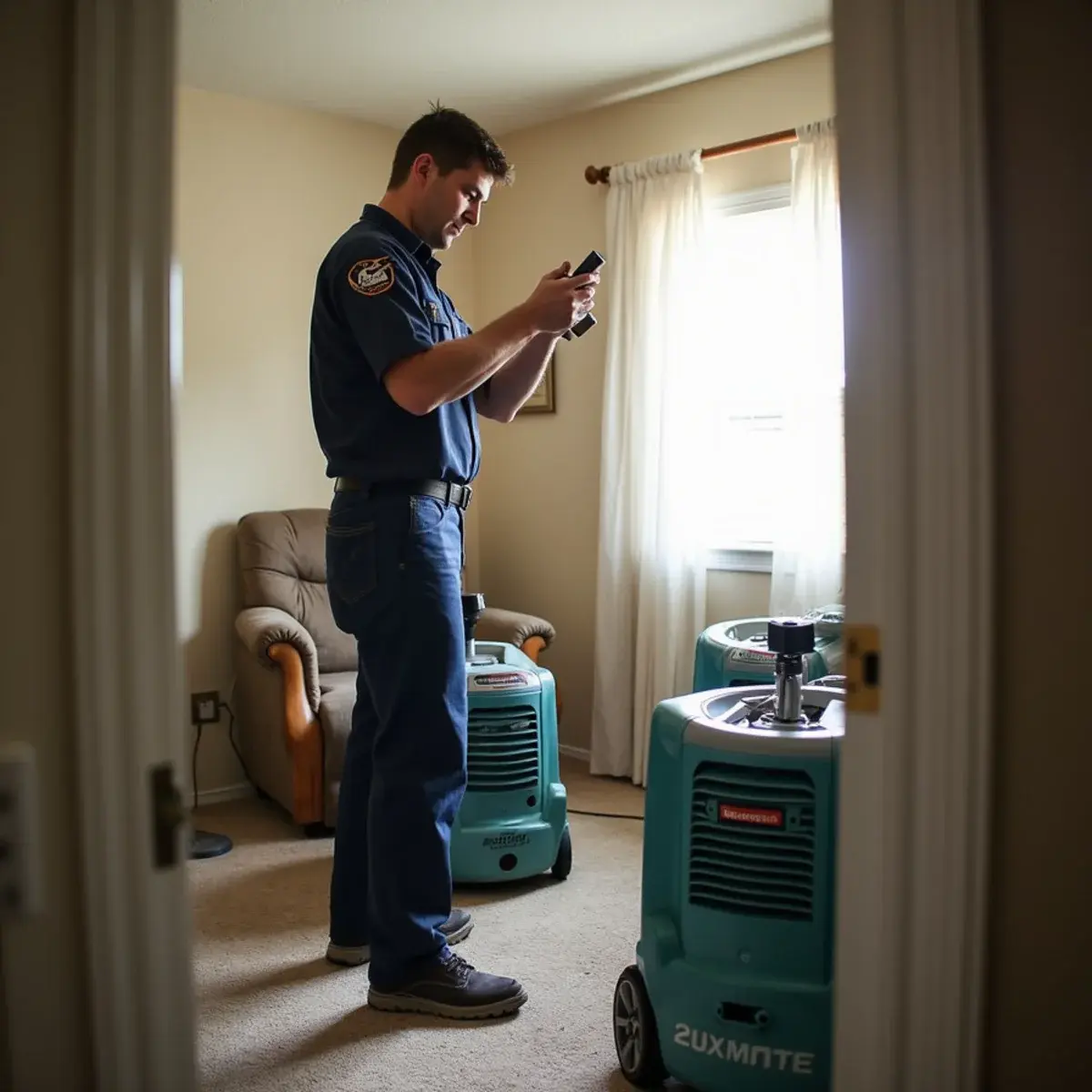 Water damage restoration crew working inside a home in Canoga Park, CA
